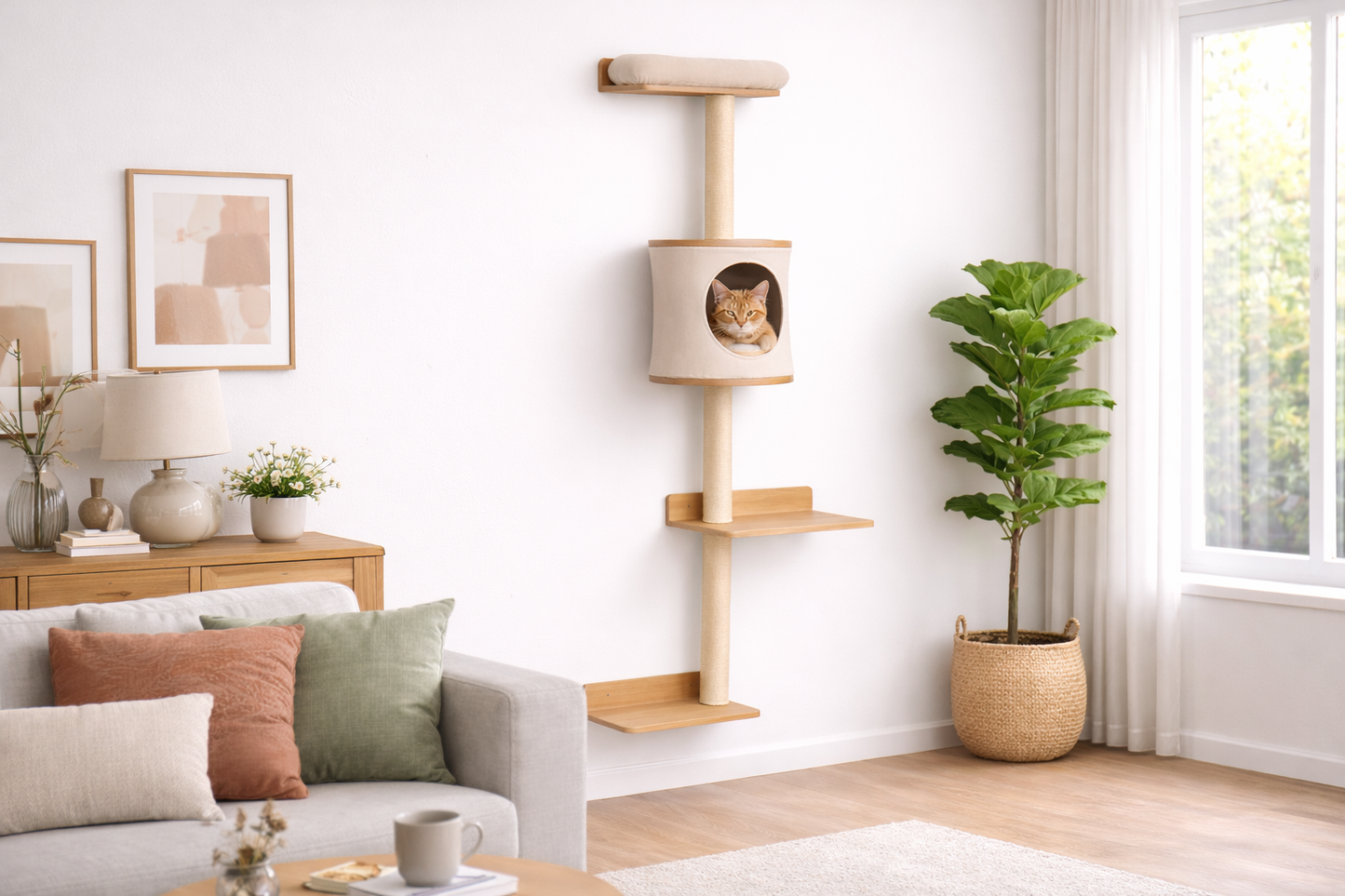Arbre à chat mural AERIS en bois installé dans un salon moderne avec niche et plateformes, chat installé à l’intérieur