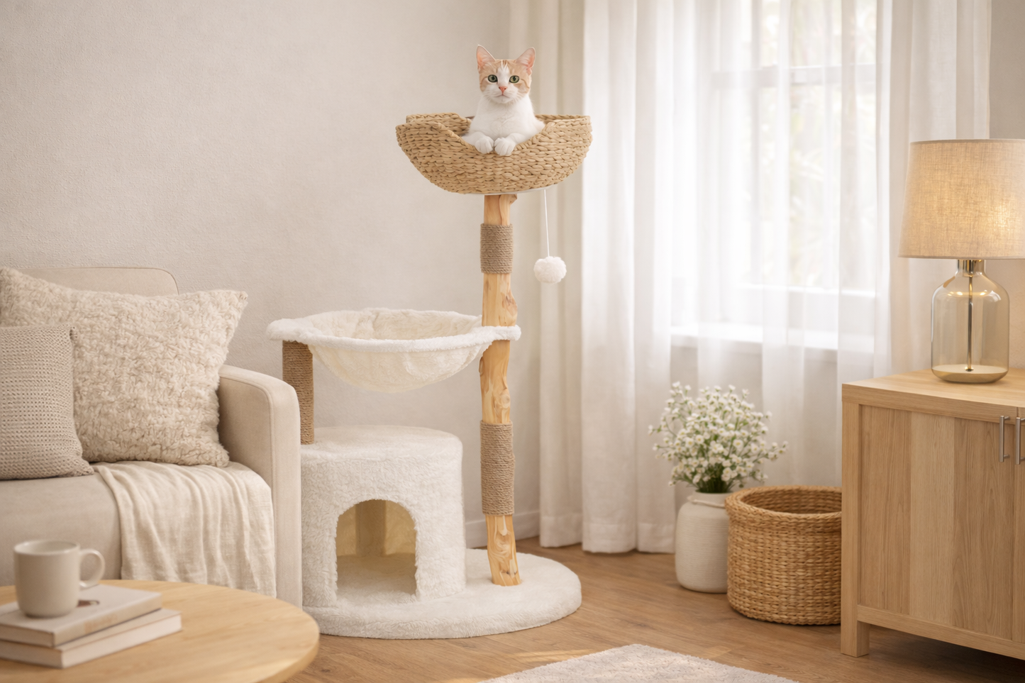 Chat blanc sur arbre à chat OPALE en bois avec panier en rotin et hamac dans un salon lumineux