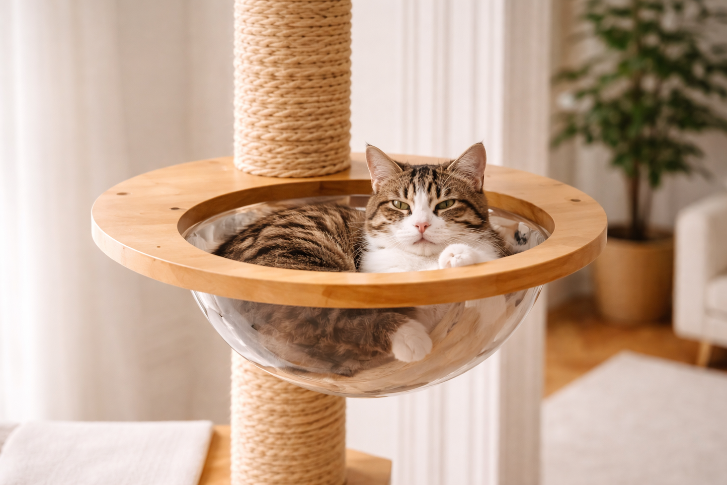 chat allongé sur plateforme avec bulle transparente d’arbre à chat bois et corde naturelle