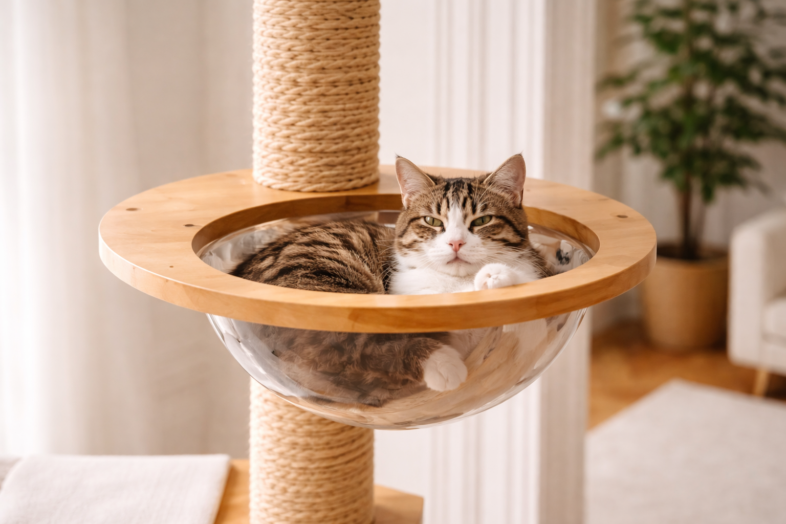 chat allongé sur plateforme avec bulle transparente d’arbre à chat bois et corde naturelle