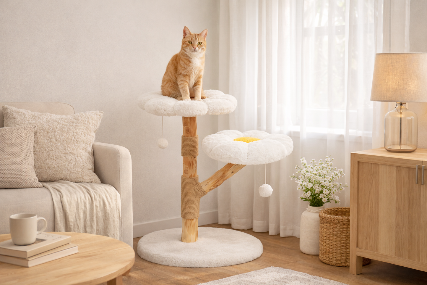 Arbre à chat SOHO 92 cm en bois naturel avec plateformes en forme de fleur dans un salon lumineux avec chat assis en hauteur