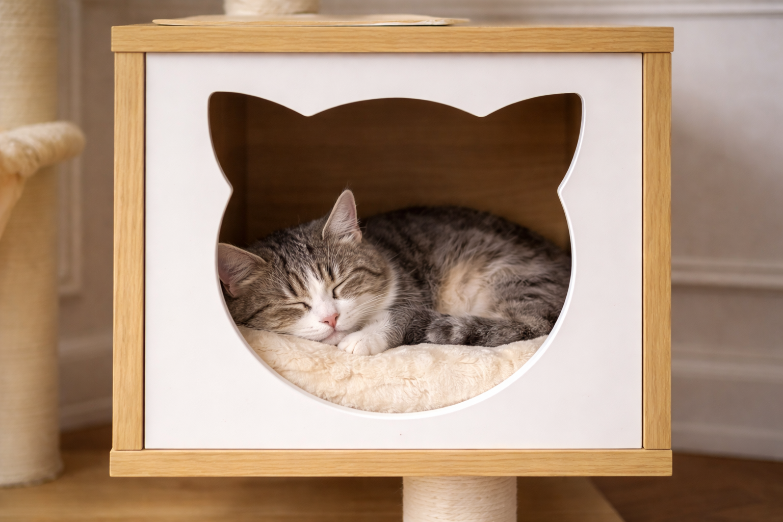 chat dormant dans niche d’arbre à chat bois et tissu doux confortable