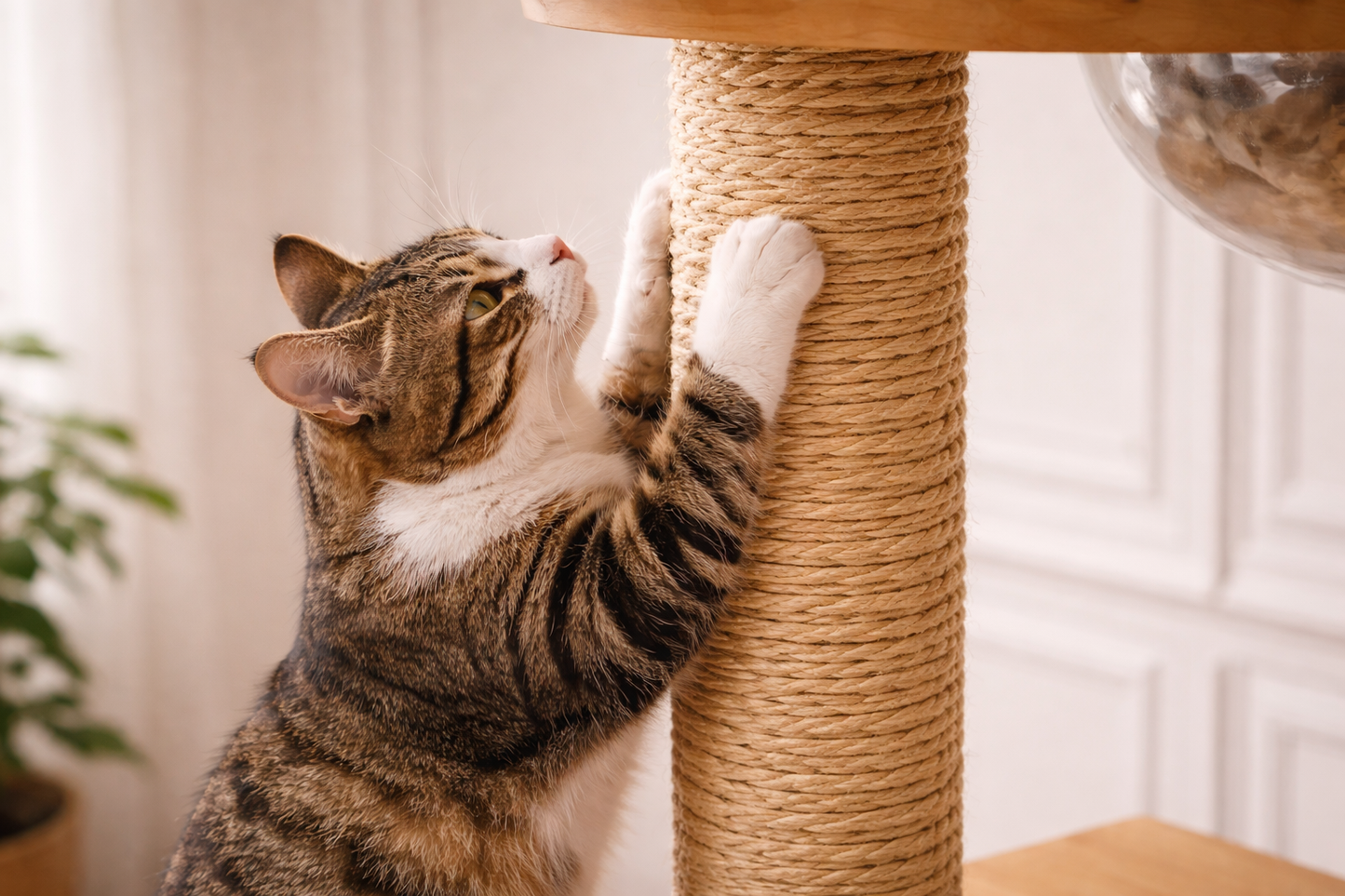 chat faisant ses griffes sur poteau en corde naturelle d’arbre à chat bois design