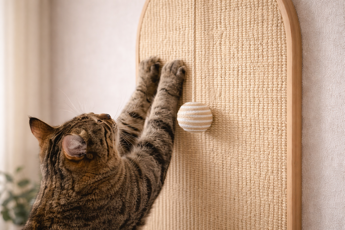 Chat en train de griffer le griffoir mural ARCHE avec balle suspendue en fibre naturelle
