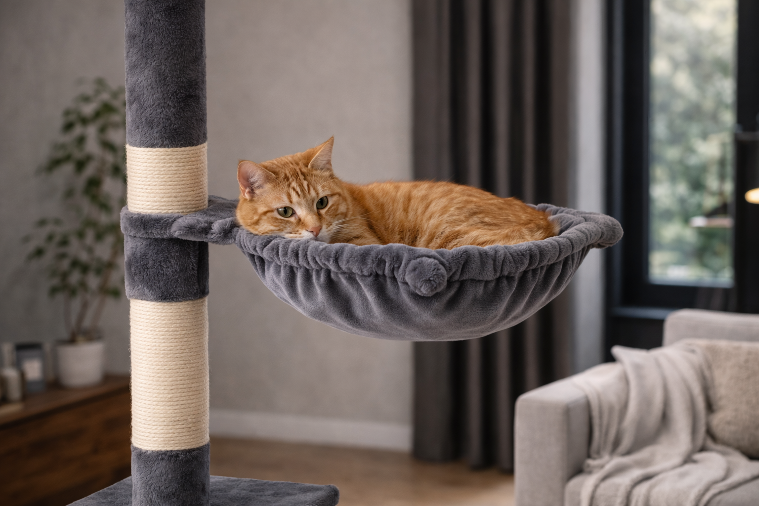 chat allongé dans hamac d’arbre à chat gris moelleux avec poteau en sisal robuste