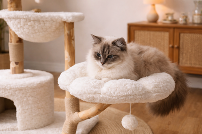 Chat allongé sur plateforme moelleuse d’arbre à chat ORION en bois naturel avec coussin doux