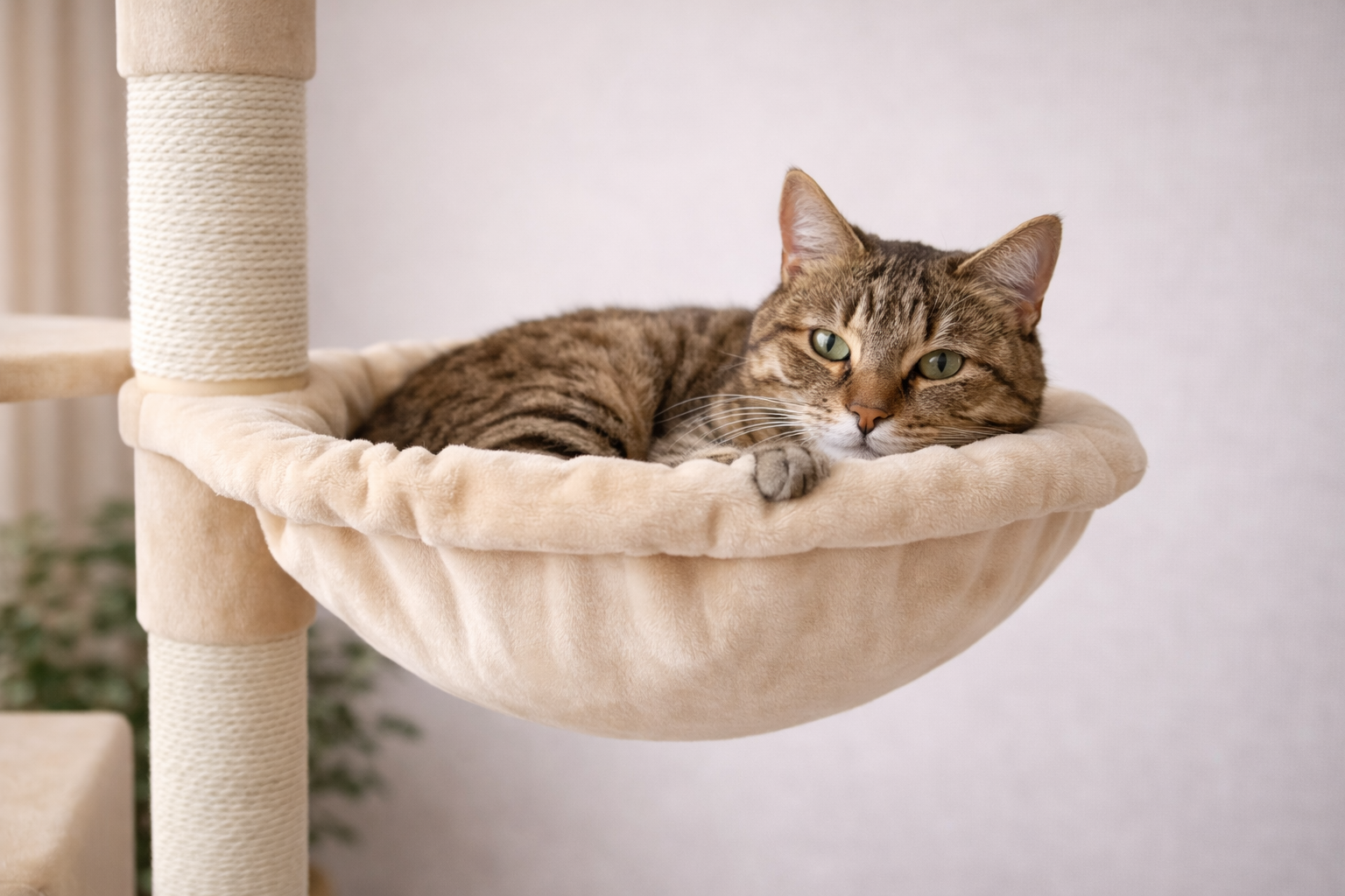 chat allongé dans hamac d’arbre à chat beige moelleux avec poteaux en sisal