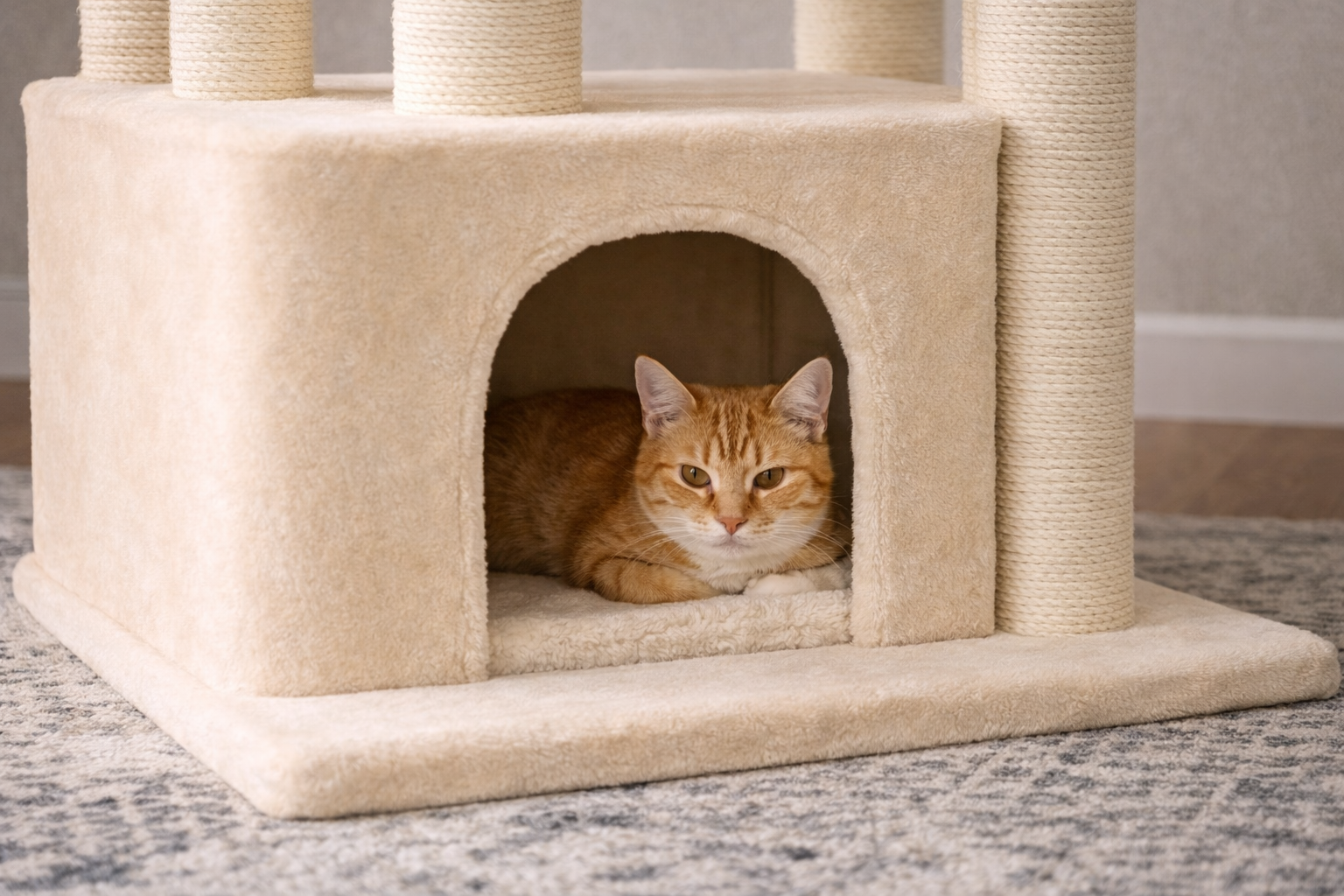 Chat roux dans la niche d’un arbre à chat ONYX 170 cm avec structure en sisal beige