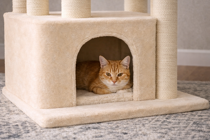 Chat roux dans la niche d’un arbre à chat ONYX 170 cm avec structure en sisal beige