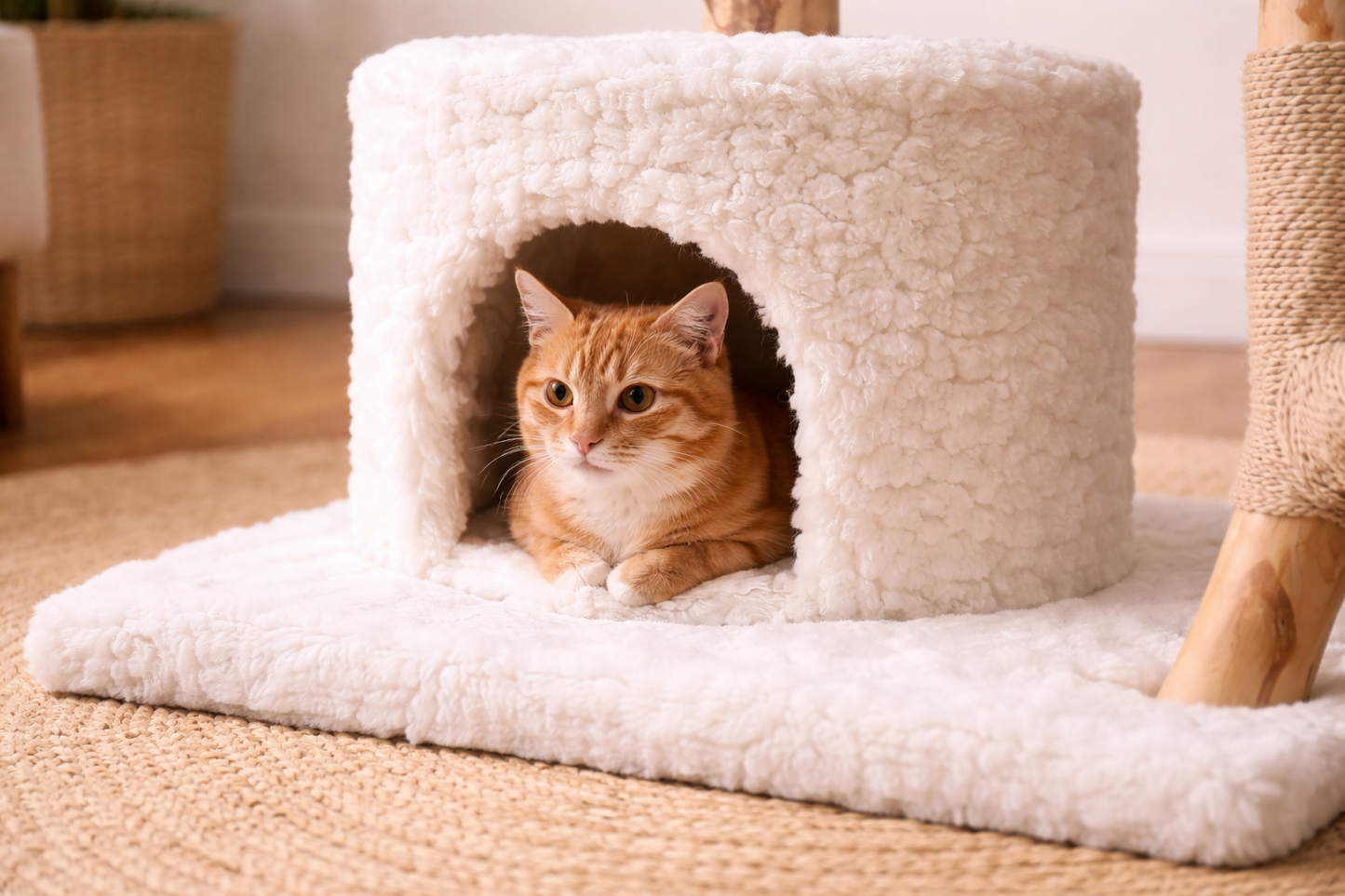 Chat roux dans niche moelleuse d’arbre à chat ORION en bois naturel avec revêtement doux
