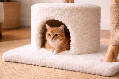 Chat roux dans niche moelleuse d’arbre à chat ORION en bois naturel avec revêtement doux