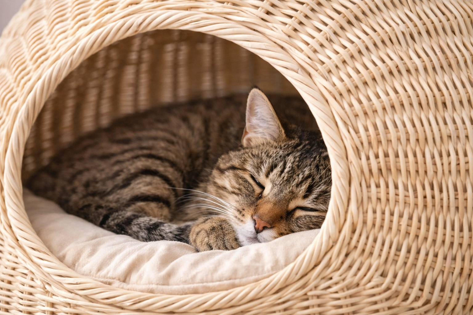Chat endormi dans la niche tressée NESTA en rotin avec coussin moelleux pour un repos confortable