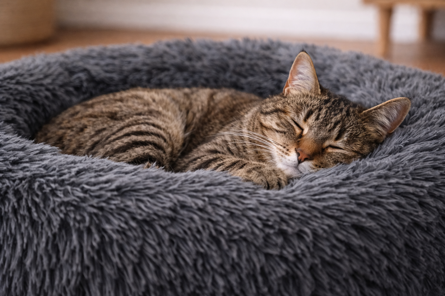 Chat tigré endormi dans le coussin NUA ultra moelleux, effet cocooning et confort maximal pour le repos