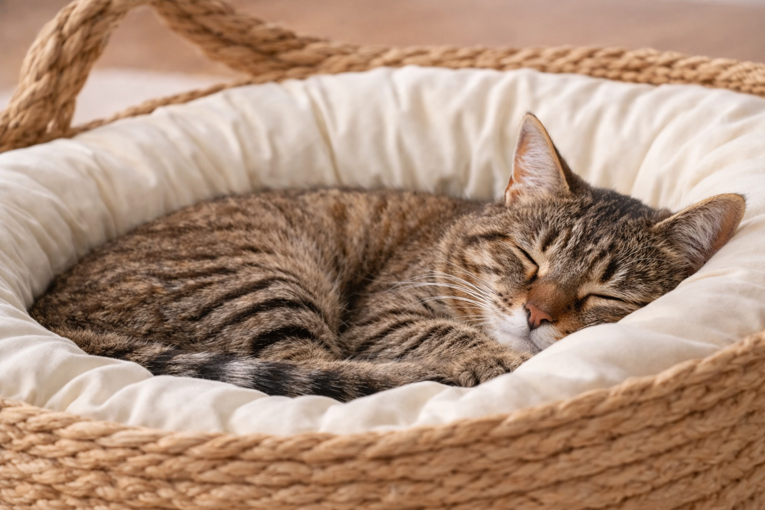 Chat tigré endormi dans le panier tressé ORÉA avec coussin épais, ambiance cosy et confortable