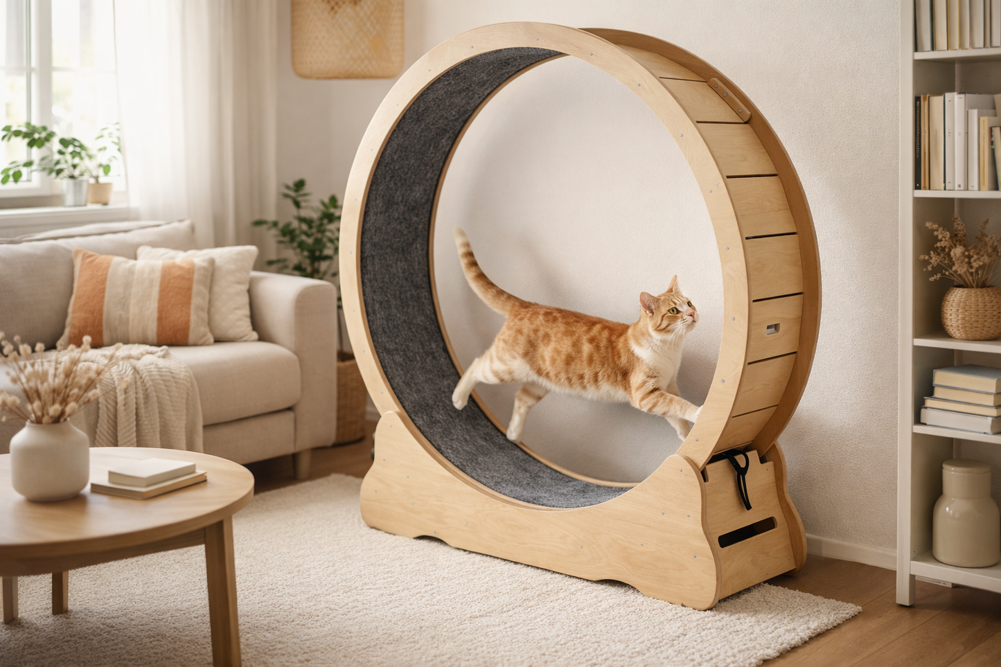 Chat courant dans une roue d’exercice CIRCA en bois design, parfaite pour stimuler l’activité physique en intérieur