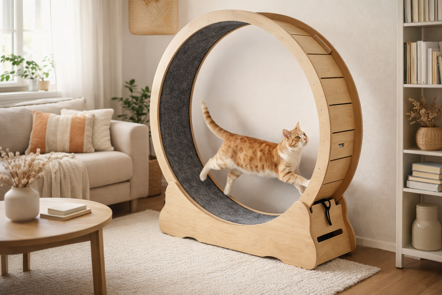 Chat courant dans une roue d’exercice CIRCA en bois design, parfaite pour stimuler l’activité physique en intérieur