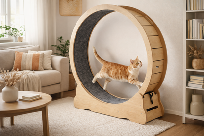 Chat courant dans une roue d’exercice CIRCA en bois design, parfaite pour stimuler l’activité physique en intérieur