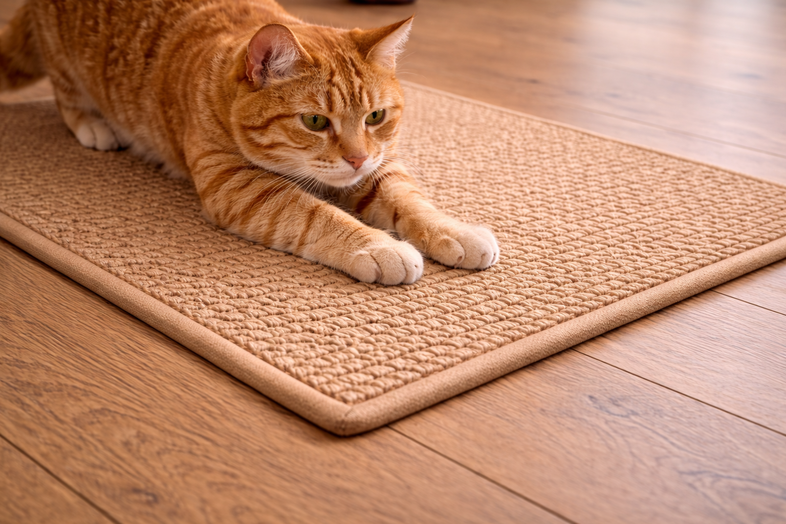 Chat roux faisant ses griffes sur le tapis à gratter SABLE, surface naturelle idéale pour l’entretien des griffes