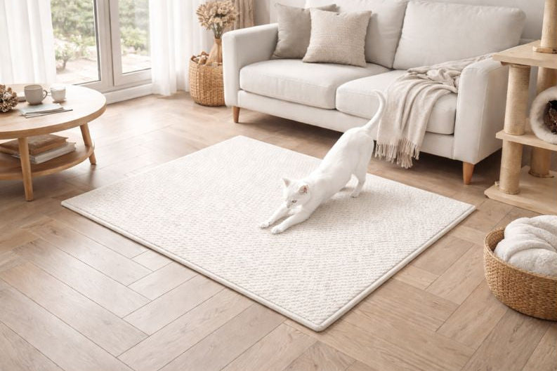 Chat blanc s’étirant sur le tapis à gratter SABLE dans un salon lumineux, design naturel et espace confortable pour ses griffes