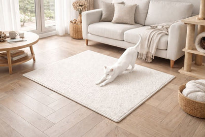 Chat blanc s’étirant sur le tapis à gratter SABLE dans un salon lumineux, design naturel et espace confortable pour ses griffes