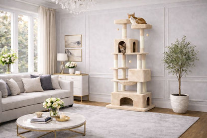 arbre à chat beige 184 cm avec chats sur plateformes dans salon lumineux élégant