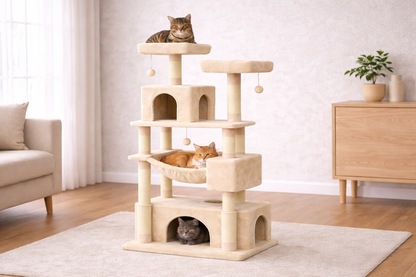 arbre à chat beige design avec plusieurs plateformes et chats en situation dans salon lumineux