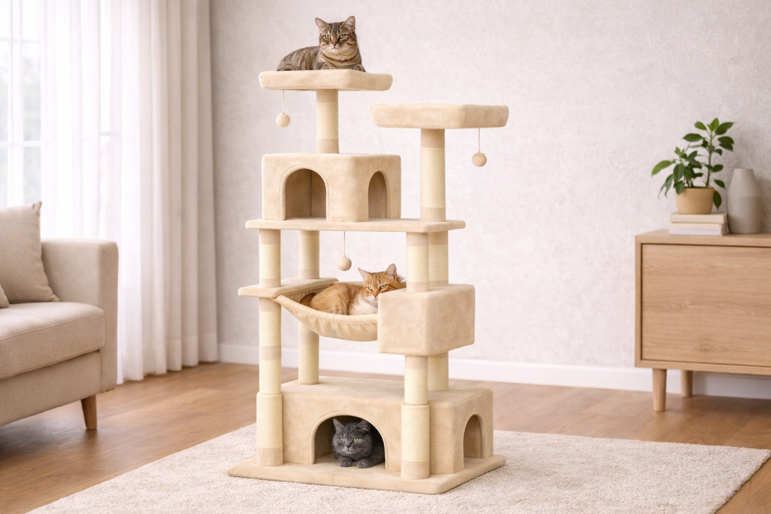 arbre à chat beige design avec plusieurs plateformes et chats en situation dans salon lumineux