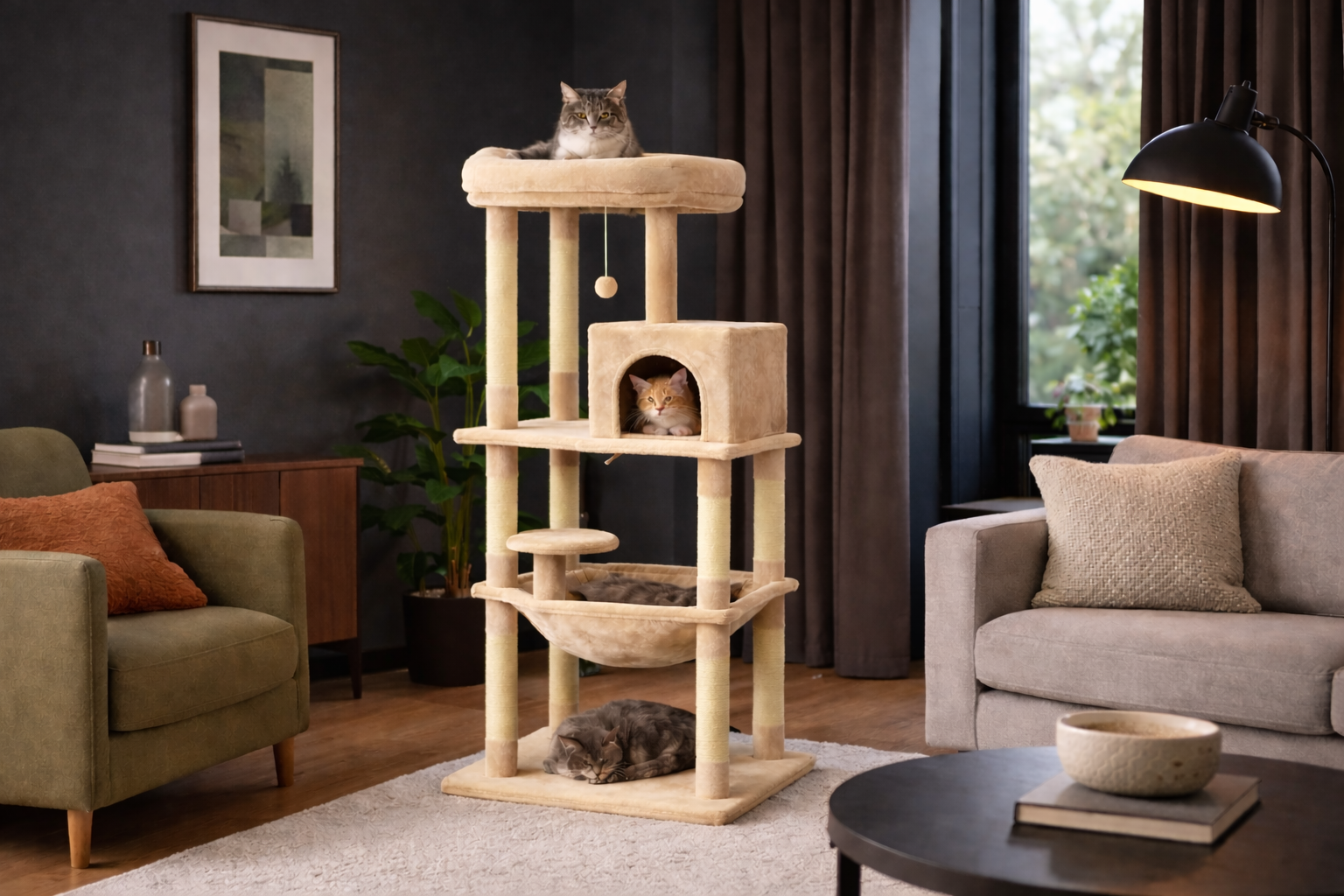 arbre à chat ALTO 143 cm — tour complète multi-niveaux avec niches cocooning, hamac suspendu et plateformes panoramiques pour le confort de plusieurs chats