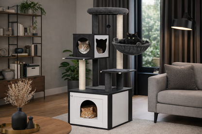 arbre à chat ARBOR noir et blanc avec niches fermées, hamac suspendu et plateformes multiples occupé par plusieurs chats dans un salon moderne et cosy