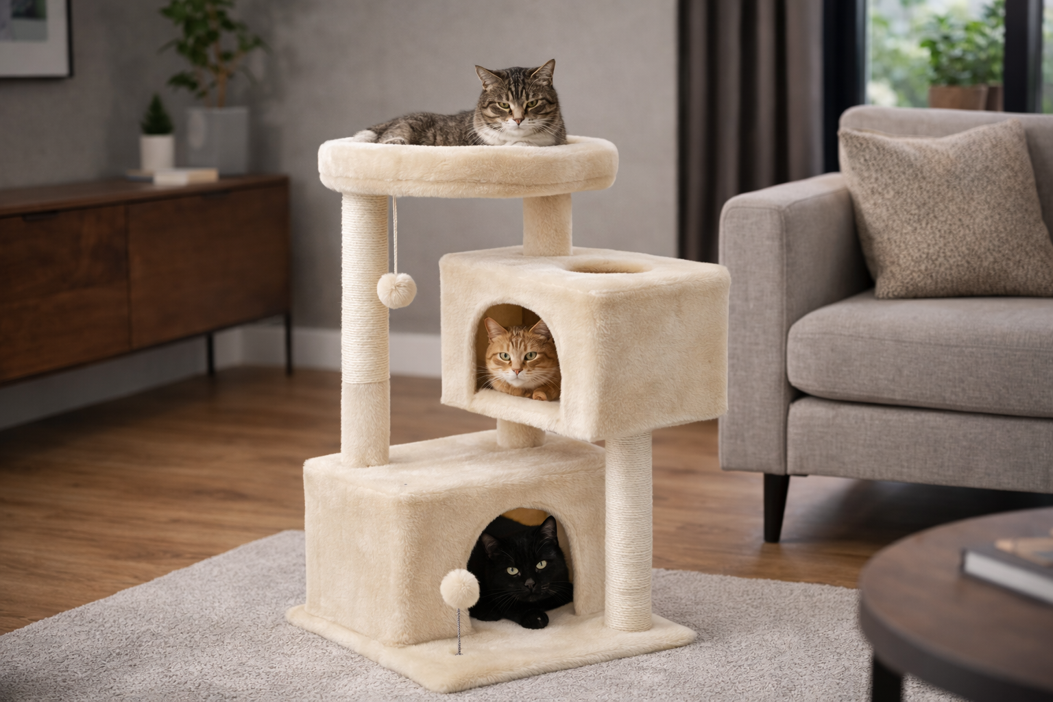 arbre à chat ARIA 80 cm — structure compacte avec double niches cocooning, plateforme panoramique et poteaux en sisal pour accueillir plusieurs chats en tout confort