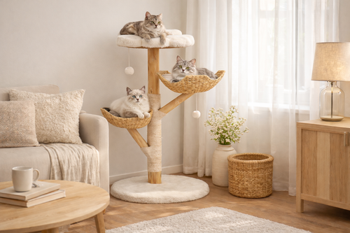 arbre à chat CLOUD 110 cm — structure naturelle effet arbre, couchages en rotin suspendus et plateau nuage ultra doux pour offrir à vos chats un espace design, ludique et parfaitement apaisant