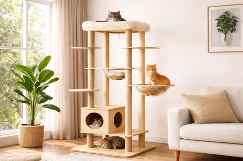 arbre à chat ESSENCE XL multi-niveaux en bois naturel — tour complète avec niches, plateformes, bulles suspendues et espace panoramique pour plusieurs chats
