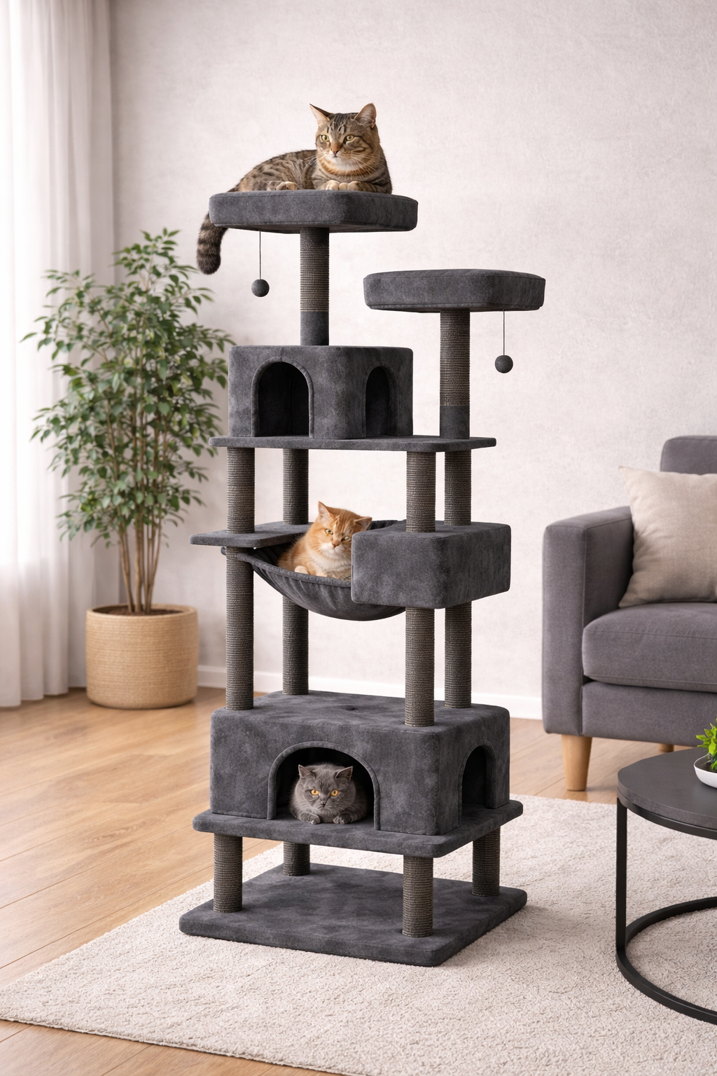 arbre à chat gris multi-niveaux avec niches, hamac et chats dans salon moderne lumineux