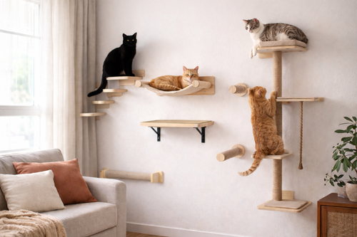 Chats utilisant un arbre à chat mural ALTIS en bois avec plateformes, hamac, marches et griffoirs en sisal dans un salon moderne
