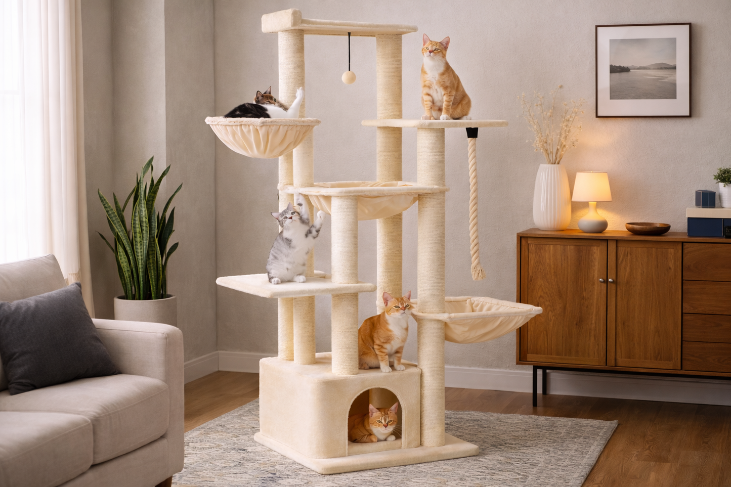 Arbre à chat ONYX 170 cm avec plusieurs chats, plateformes, hamacs suspendus, niche et poteaux en sisal dans un salon moderne