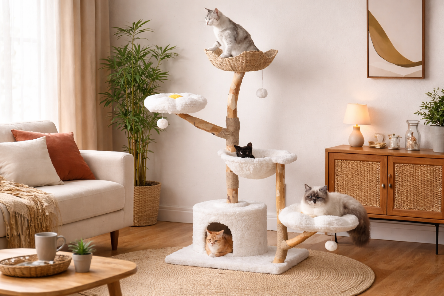 Arbre à chat ORION en bois naturel avec plusieurs chats sur plateformes, hamac et niche dans un salon moderne
