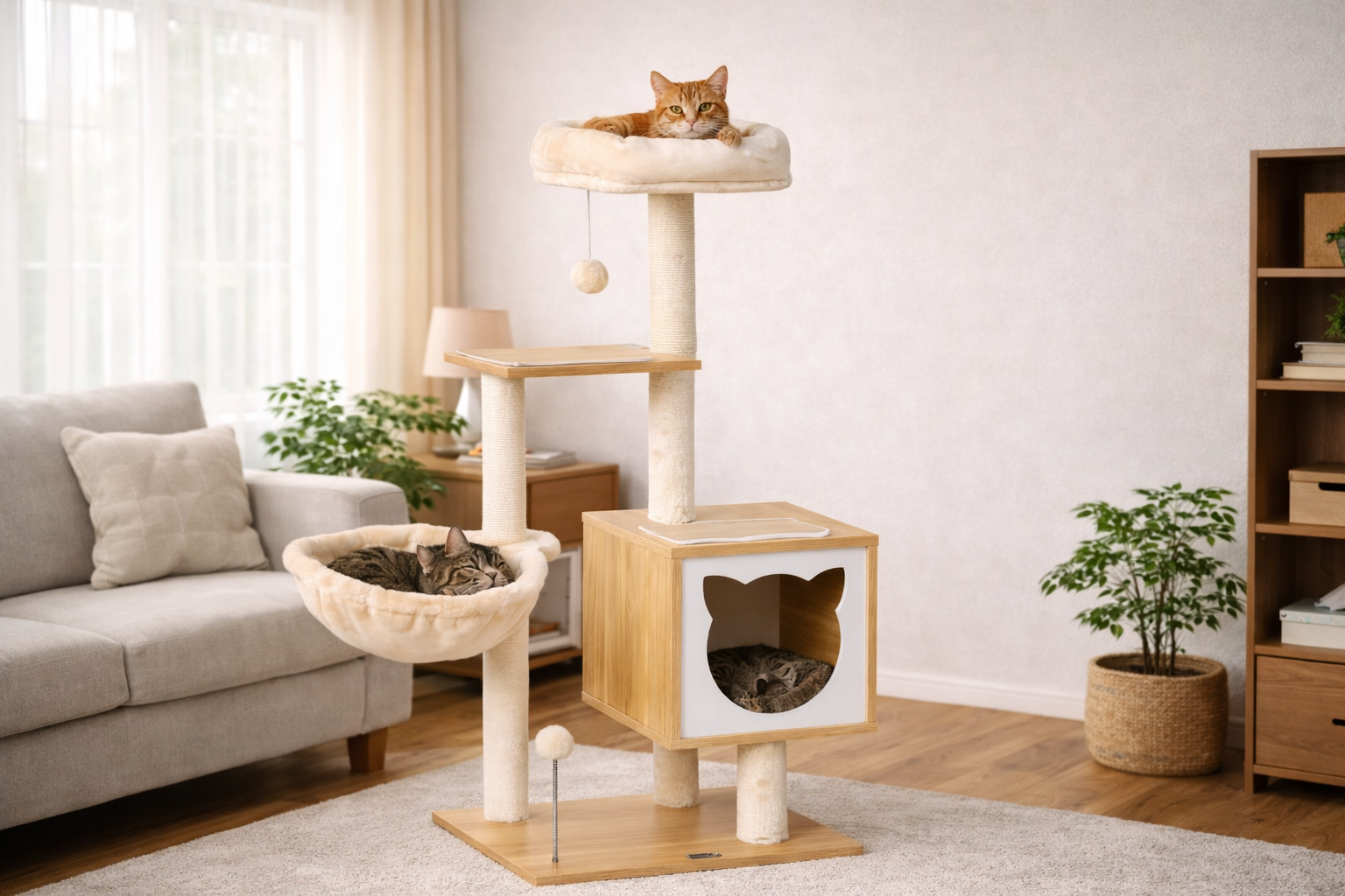 arbre à chat design bois avec niche, hamac et chats dans salon lumineux moderne