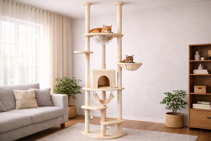 arbre à chat sol plafond réglable avec chats sur plateformes et couchage design beige moderne