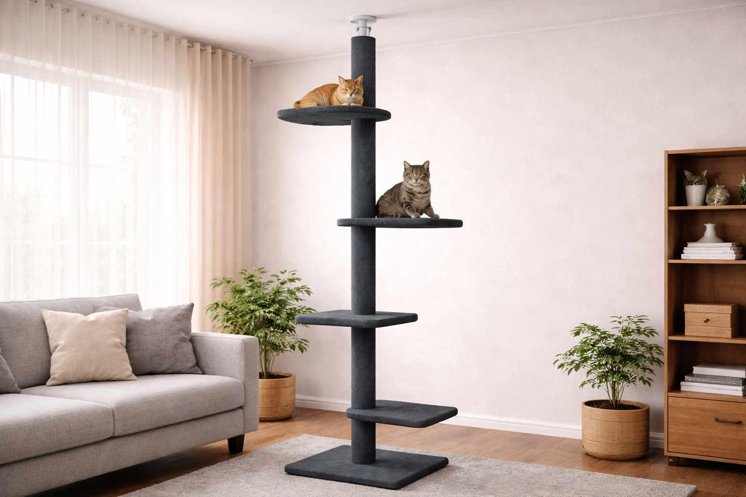 arbre à chat sol plafond gris avec plateformes et chats dans salon moderne lumineux
