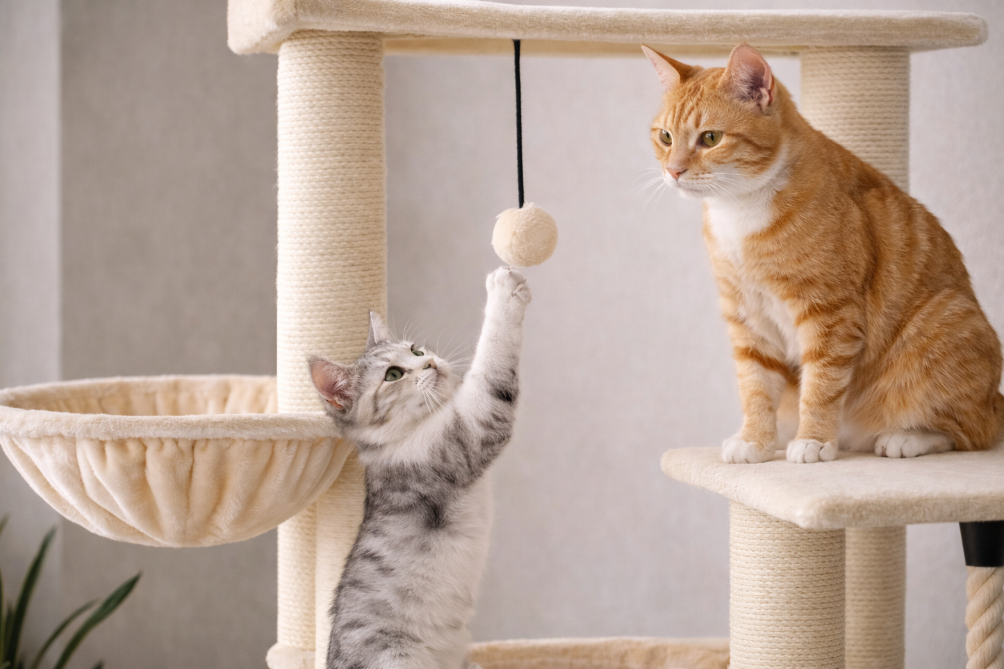 Chats jouant sur arbre à chat ONYX 170 cm avec balle suspendue, hamac et plateformes en sisal beige