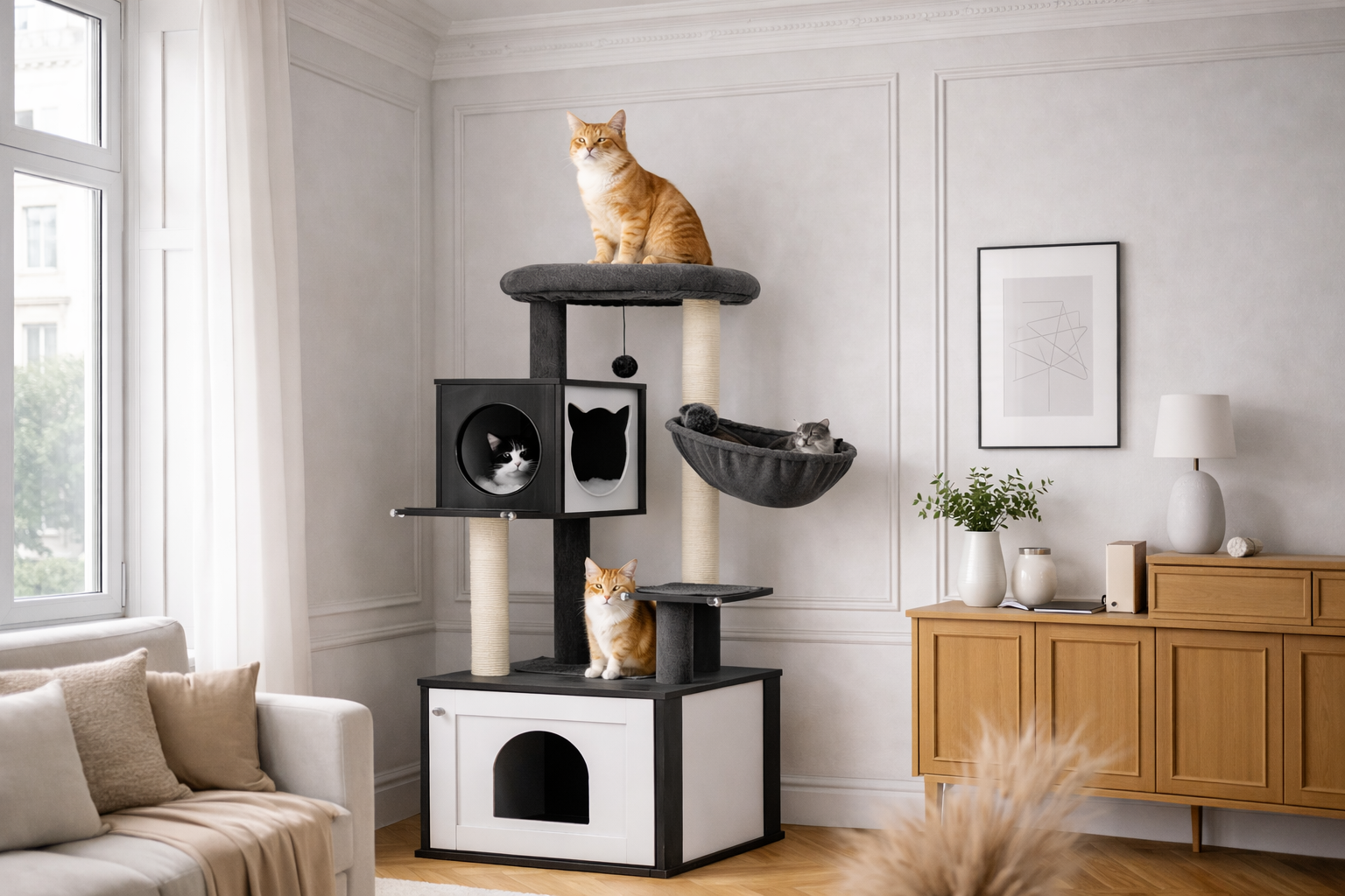 arbre à chat ARBOR noir et blanc avec niches fermées, plateformes et hamac suspendu occupé par plusieurs chats dans un salon lumineux et moderne