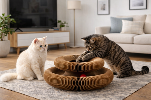 Deux chats jouant avec le griffoir interactif HARMONY en carton alvéolé avec balle intégrée
