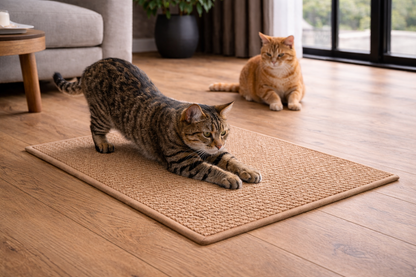 Chat tigré faisant ses griffes sur le tapis à gratter SABLE, avec un autre chat en arrière-plan dans un intérieur moderne