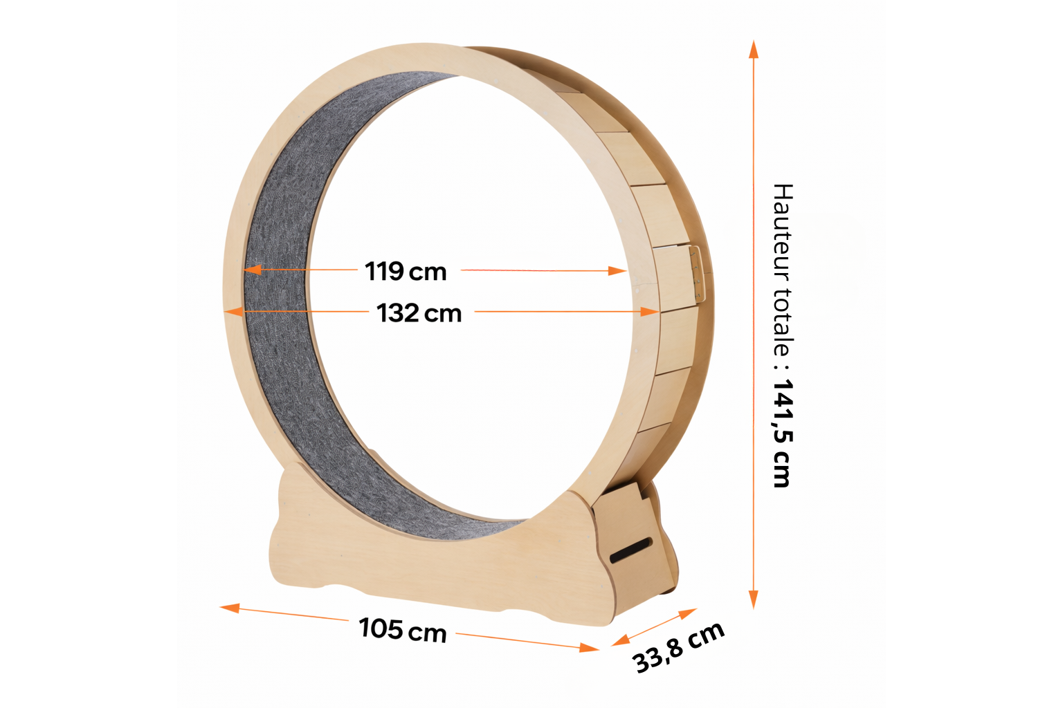 Dimensions roue d’exercice pour chat CIRCA en bois : diamètre 132 cm, surface de course 119 cm, hauteur 141,5 cm, base 105 x 33,8 cm
