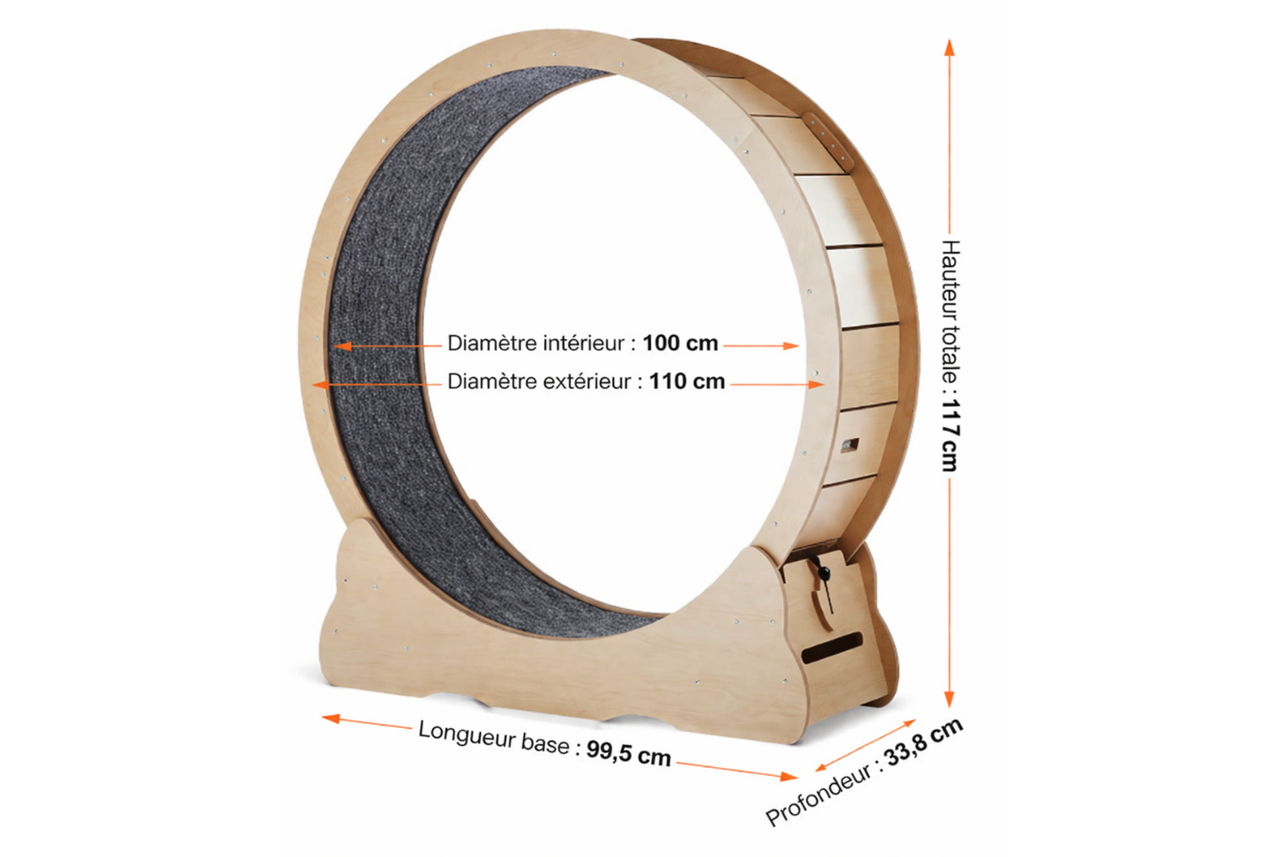 Dimensions roue d’exercice pour chat CIRCA : diamètre intérieur 100 cm, extérieur 110 cm, hauteur 117 cm, base 99,5 x 33,8 cm