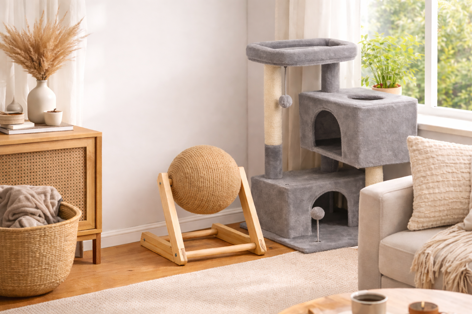 Griffoir boule en sisal avec support en bois dans un salon cosy à côté d’un arbre à chat