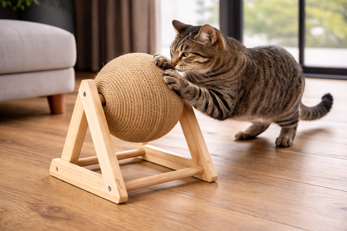 Chat en train de griffer le griffoir boule en sisal avec support en bois dans un intérieur chaleureux