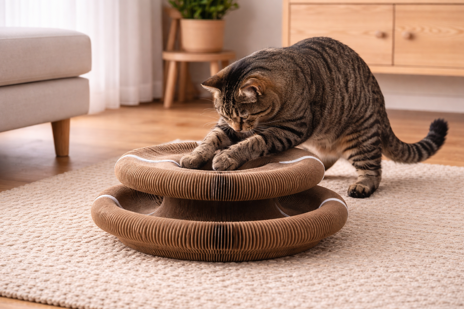 Chat jouant et griffant le griffoir interactif HARMONY en carton alvéolé dans un intérieur cosy