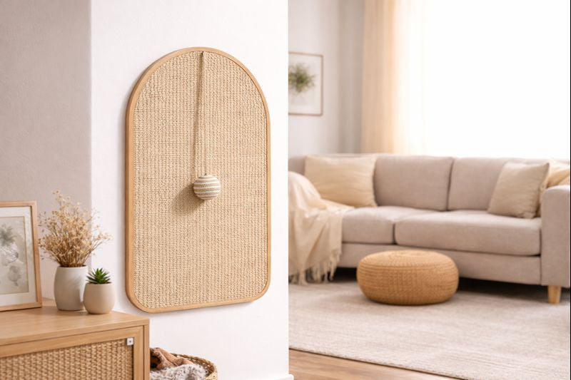 Griffoir mural ARCHE en fibre naturelle avec balle suspendue dans un salon élégant et épuré