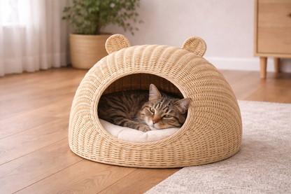 Chat allongé dans la niche tressée NESTA en rotin posée au sol dans un salon chaleureux 